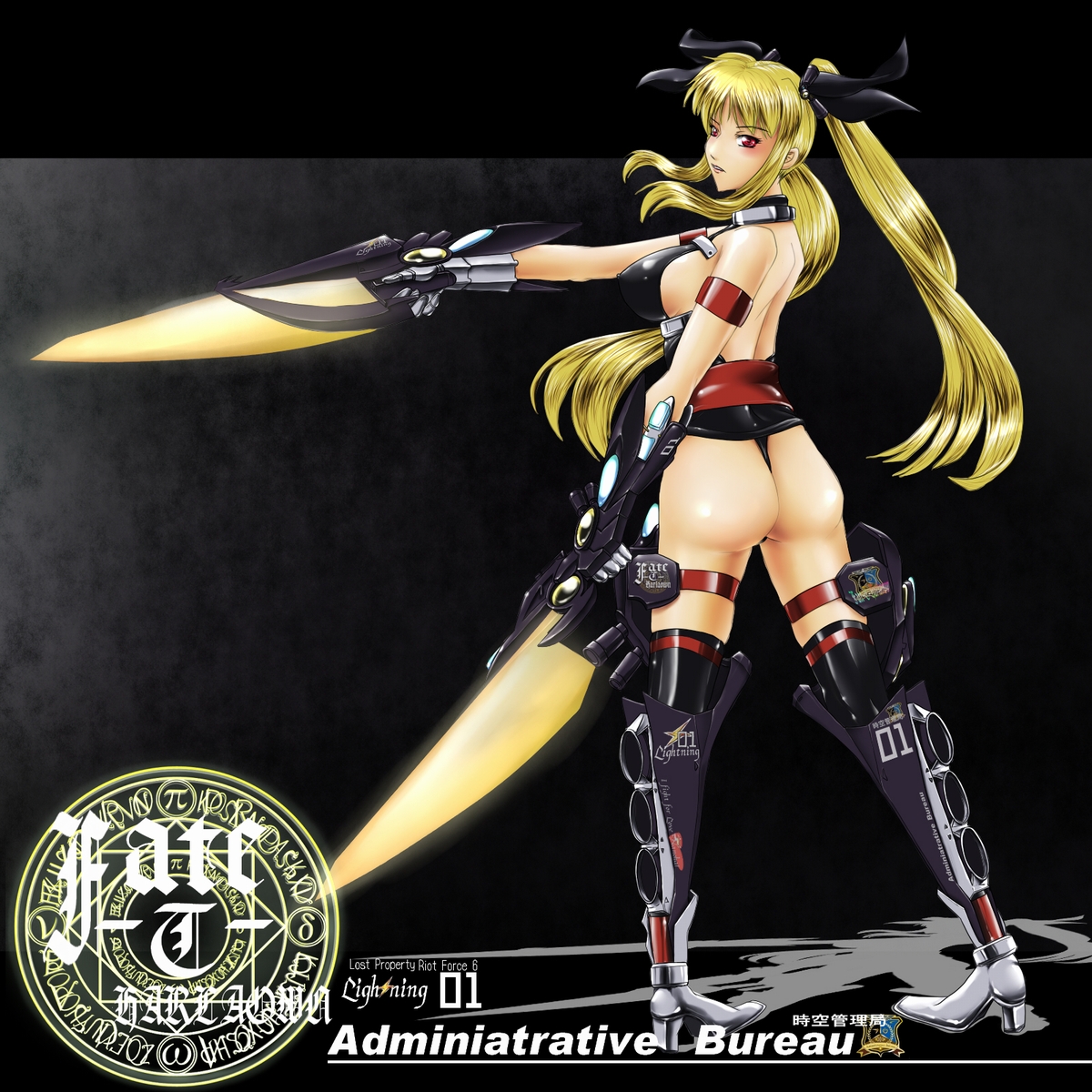 hyotenka ichido, bardiche (nanoha), bardiche (riot zanber stinger) (nanoha), fate testarossa, fate testarossa (true sonic form), lyrical nanoha, mahou shoujo lyrical nanoha, mahou shoujo lyrical nanoha strikers, bad id, bad pixiv id, highres, 00s, 1girl, adapted costume, alternate weapon, armband, ass, blonde hair, boots, breasts, energy sword, female focus, gloves, long hair, medium breasts, ranguage, red eyes, ribbon, solo, sword, thighhighs, twintails, weapon