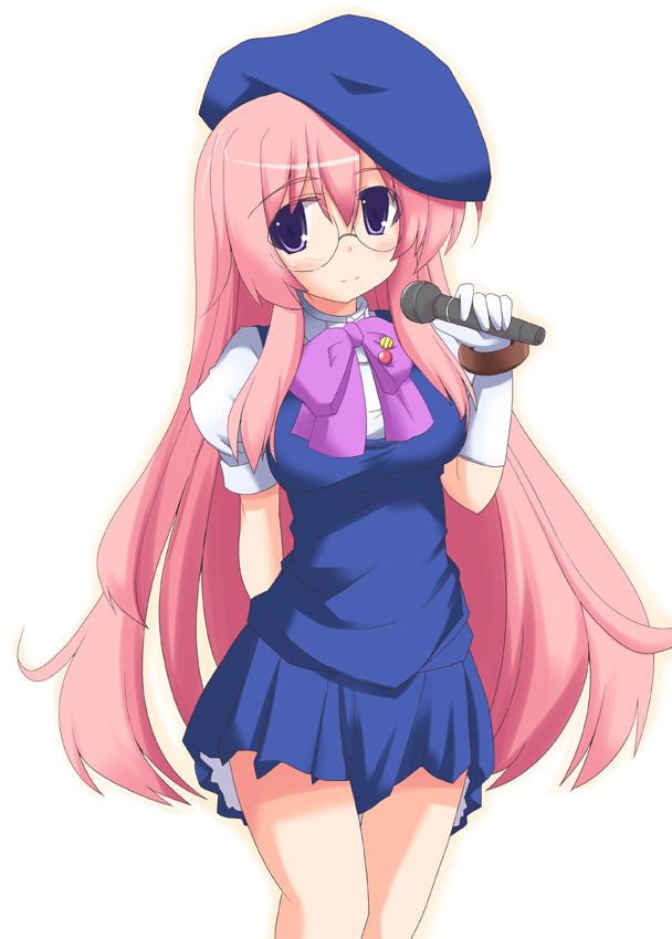 kugui kiyunemu, endou aya, sheryl nome, takara miyuki, lucky star, macross, macross frontier, beret, cosplay, glasses, hat, long hair, microphone, sheryl nome (cosplay), solo, very long hair, voice actor connection