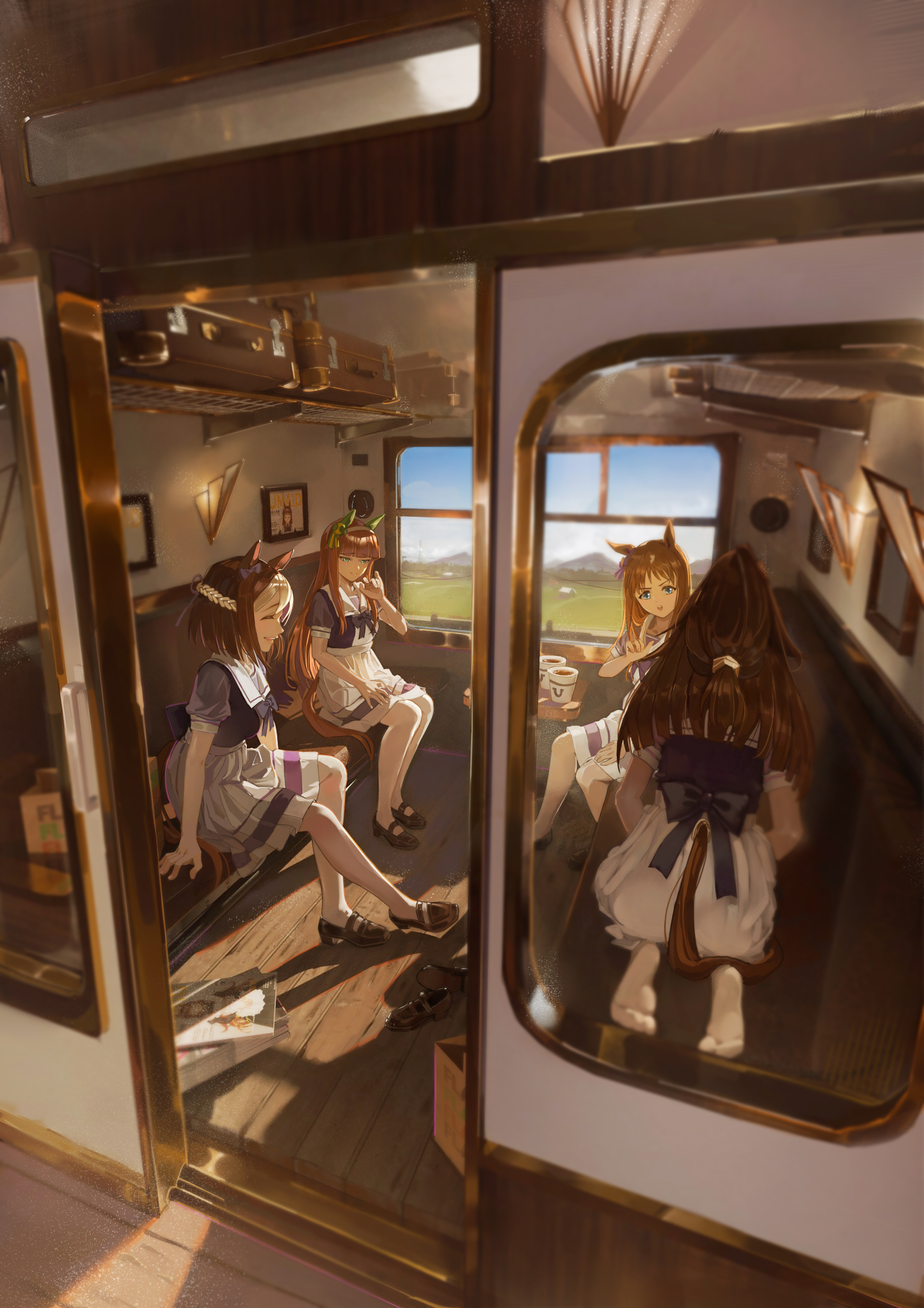 ak8531848, el condor pasa (umamusume), grass wonder (umamusume), silence suzuka (umamusume), special week (umamusume), umamusume, absurdres, highres, 4girls, animal ears, blue eyes, blue sky, blunt bangs, blush, bow, bowtie, breasts, brown hair, closed eyes, cup, disposable coffee cup, disposable cup, ear bow, ear covers, ear ornament, ear ribbon, field, grass, green eyes, hair ornament, hairband, horse ears, horse girl, horse tail, long hair, mountainous horizon, multicolored hair, multiple girls, open mouth, orange hair, ponytail, puffy short sleeves, puffy sleeves, purple bow, purple bowtie, purple sailor collar, purple serafuku, purple shirt, purple skirt, sailor collar, sailor shirt, school uniform, seiza, serafuku, shirt, shoes, short hair, short sleeves, sitting, skirt, sky, smile, suitcase, tail, teeth, thighhighs, tracen school uniform, train interior, two-tone hair, white hair, white hairband, white sailor collar, white skirt, white thighhighs, window