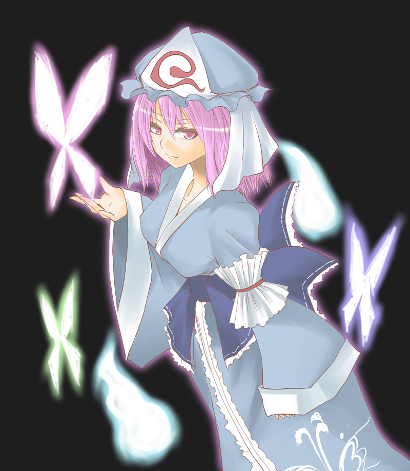 hane (hanegoya), saigyouji yuyuko, touhou, 1girl, animal, armlet, blue dress, bug, butterfly, cowboy shot, dress, expressionless, female focus, frills, glowing, hat, insect, jewelry, looking at viewer, magic, mob cap, pink eyes, pink hair, solo, triangular headpiece