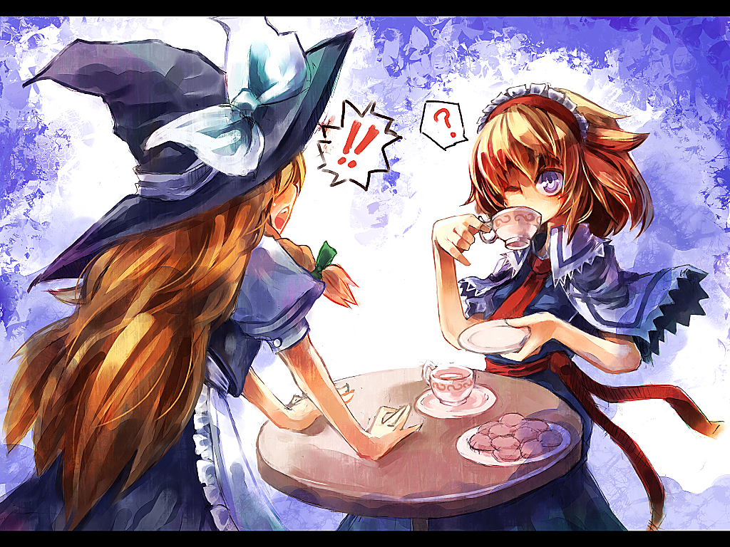 ukyo rst, alice margatroid, kirisame marisa, touhou, !, 2girls, ?, blonde hair, drink, female focus, hat, letterboxed, long hair, multiple girls, one eye closed, pinky out, ribbon, short hair, wink