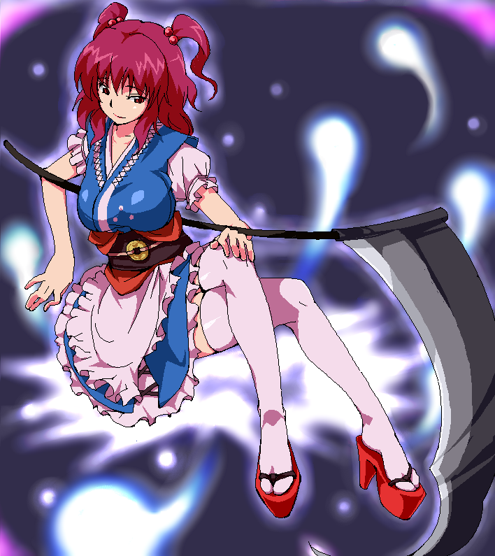amami amayu, onozuka komachi, touhou, bad id, bad pixiv id, 1girl, apron, breasts, clog sandals, crossed legs, female focus, hair bobbles, hair ornament, hitodama, large breasts, looking at viewer, obi, okobo, platform sandals, red eyes, red hair, sandals, sash, scythe, shinigami, short hair, socks, solo, thighhighs, twintails, two side up, waist apron, white socks, white thighhighs