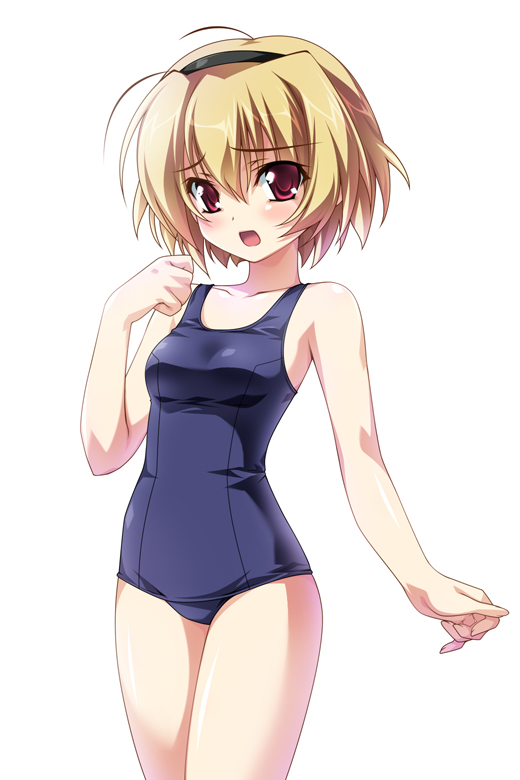 yasaka minato, houjou satoko, hal, higurashi no naku koro ni, aliasing, 00s, 1girl, backlighting, blonde hair, blue one-piece swimsuit, breasts, female focus, hair between eyes, hairband, one-piece swimsuit, open mouth, red eyes, school swimsuit, short hair, simple background, solo, swimsuit, white background