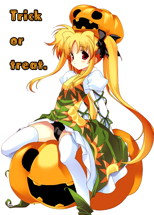 kugajou takaya, naruse hirofumi, fate testarossa, lyrical nanoha, mahou shoujo lyrical nanoha, bad id, bad pixiv id, 00s, 1girl, black panties, blonde hair, cameltoe, dress, female focus, halloween, jack-o'-lantern, kugajo, long hair, panties, pantyshot, pumpkin, pumpkin hat, red eyes, ribbon, sitting, solo, thighhighs, trick or treat, twintails, underwear