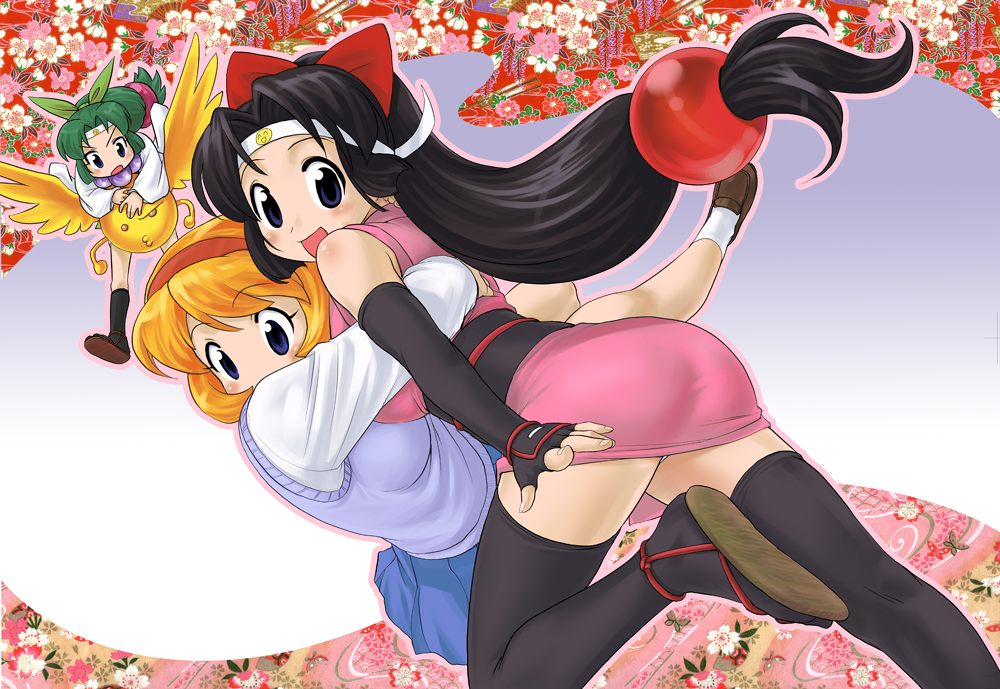 oofuji, oofuji wataru, miyabi, onsokumaru, shinobu (ninin ga shinobuden), shiranui kaede, ninin ga shinobuden, 00s, 3girls, ass, black hair, black socks, black thighhighs, blonde hair, blue eyes, blunt bangs, bow, elbow gloves, fingerless gloves, gloves, green hair, hair ornament, hairband, headband, japanese clothes, kimono, kneehighs, long hair, low-tied long hair, multiple girls, ninja, o3o, obi, sandals, sash, short kimono, smiley face, socks, sphere hair ornament, sweater, thighhighs, zettai ryouiki, zouri