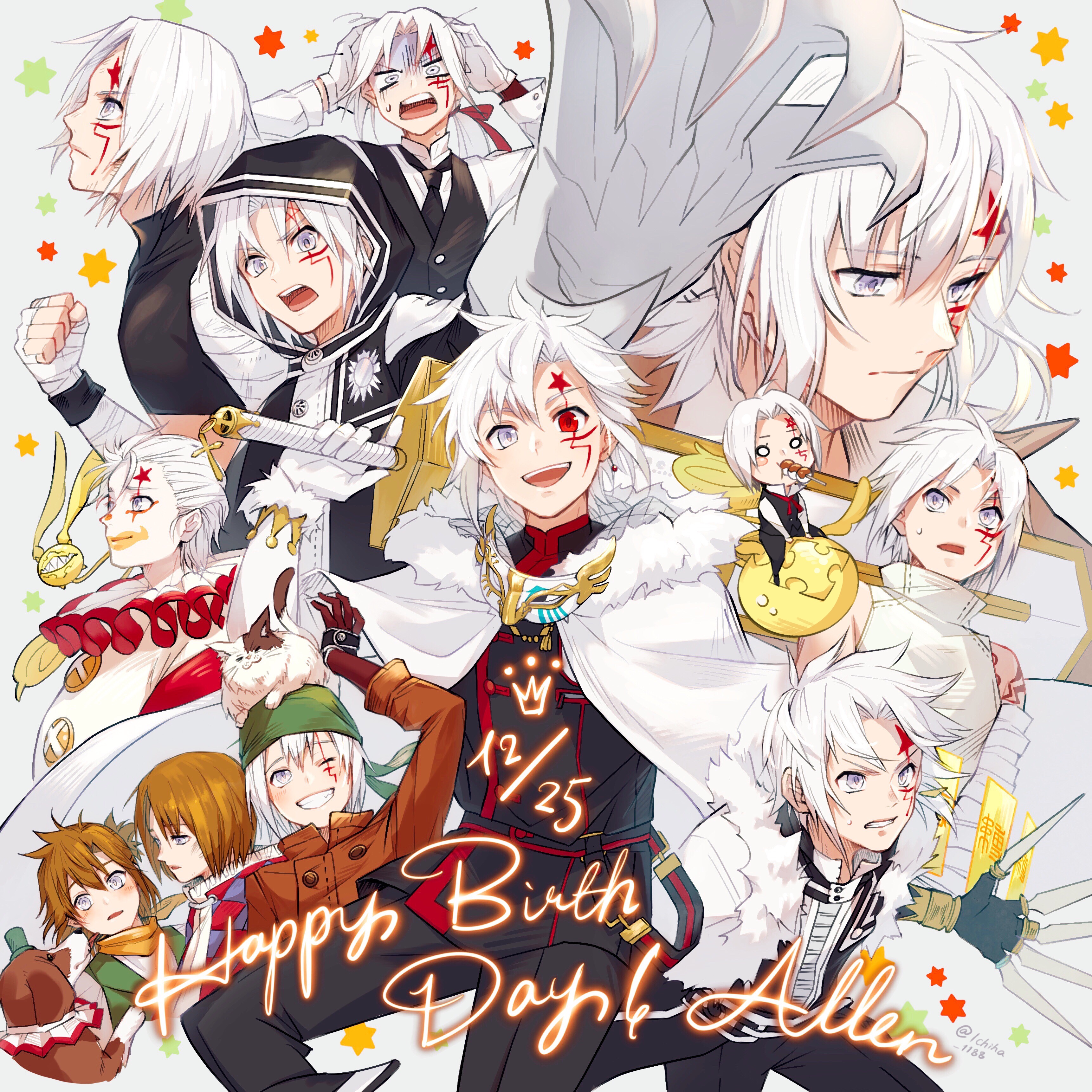 uzura-000, allen walker, timcanpy, d.gray-man, absurdres, highres, 6+boys, age difference, allen (dog) (d.gray-man), animal, animal on head, antenna hair, bandaged arm, bandaged hand, bandages, bare shoulders, belt, birthday, black coat, black gloves, black jacket, black necktie, black order uniform, black pants, black shirt, black vest, black wrist cuffs, blue jacket, blush, brown hair, brown jacket, buttons, cat, cat on head, checkered clothes, checkered jacket, claw (weapon), clenched hand, clenched teeth, clown, clown makeup, coat, collared shirt, colored extremities, colored skin, creature, cropped shirt, cross, dango, dog, dress shirt, earrings, emblem, english text, facial mark, facing to the side, facing viewer, fingerless gloves, fingernails, floating earrings, floating jacket, food, food in mouth, forehead mark, front zipper, fur-trimmed jacket, fur trim, giant hand, gloves, gold ring, golem (d.gray-man), green hat, green ribbon, green star, green vest, grey background, grey eyes, grin, hair between eyes, hair ribbon, hair slicked back, hand on own head, hand up, happy birthday, hat, heterochromia, holding, holding sword, holding weapon, hood, hood down, hood up, hooded coat, hooded jacket, horns, huge weapon, jacket, jewelry, light smile, long hair, looking at viewer, looking down, looking to the side, looking up, low ponytail, male focus, mask, messy hair, military, military uniform, mini person, mitarashi dango, multicolored jacket, multiple boys, multiple persona, necktie, on creature, on head, one eye closed, open clothes, open jacket, open mouth, orange scarf, over shoulder, pants, parted lips, ponytail, red eyes, red jacket, red ribbon, red star, ribbon, ribbon around head, ring, scar, scar across eye, scar on face, scarf, sharp fingernails, sharp teeth, shirt, short hair, shoulder tattoo, sidelocks, signature, single earring, single glove, sleeveless, sleeveless shirt, smile, star (symbol), star facial mark, striped clothes, striped coat, striped jacket, striped scarf, surprised, sweat, sweatdrop, sword, sword over shoulder, tail, tattoo, teeth, turtleneck, turtleneck shirt, two-tone jacket, unworn mask, vertical-striped clothes, vertical-striped coat, vertical-striped jacket, vest, wagashi, weapon, weapon over shoulder, white fur, white gloves, white hair, white jacket, white scarf, white shirt, white skin, wings, wrist cuffs, yellow star, zipper