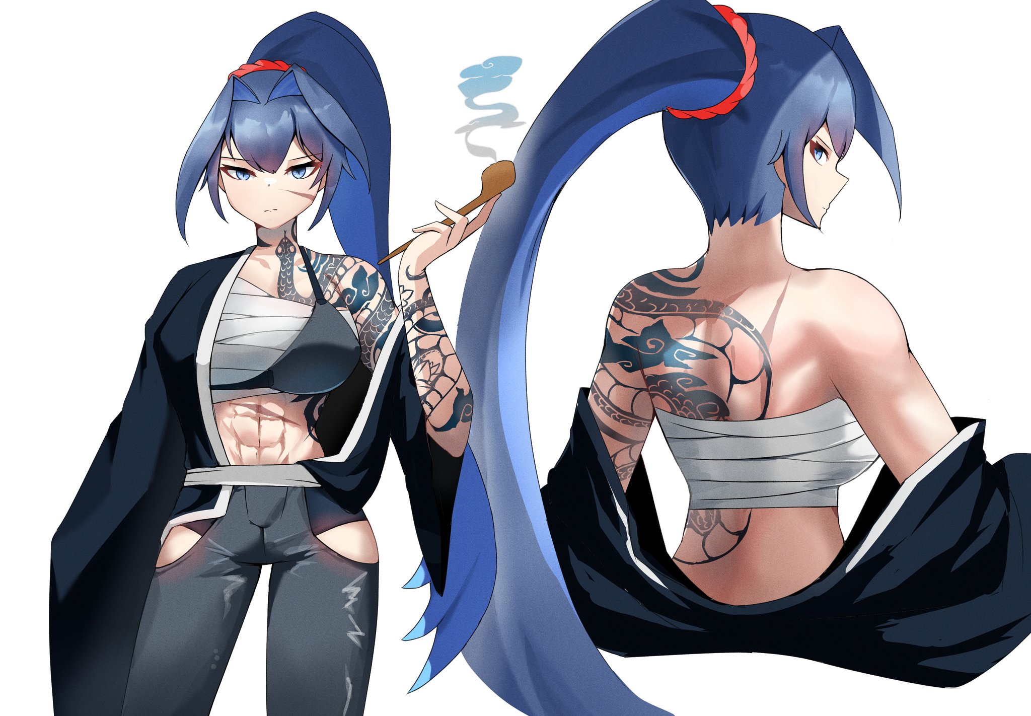 deevious deevi, ouro kronii, hololive, hololive english, highres, 1girl, abs, back, blue eyes, blue hair, chest sarashi, clothing cutout, hip vent, holding, holding smoking pipe, long hair, muscular, muscular female, pants, ponytail, sarashi, scar, scar on face, smoking pipe, snake tattoo, tattoo, virtual youtuber, white background