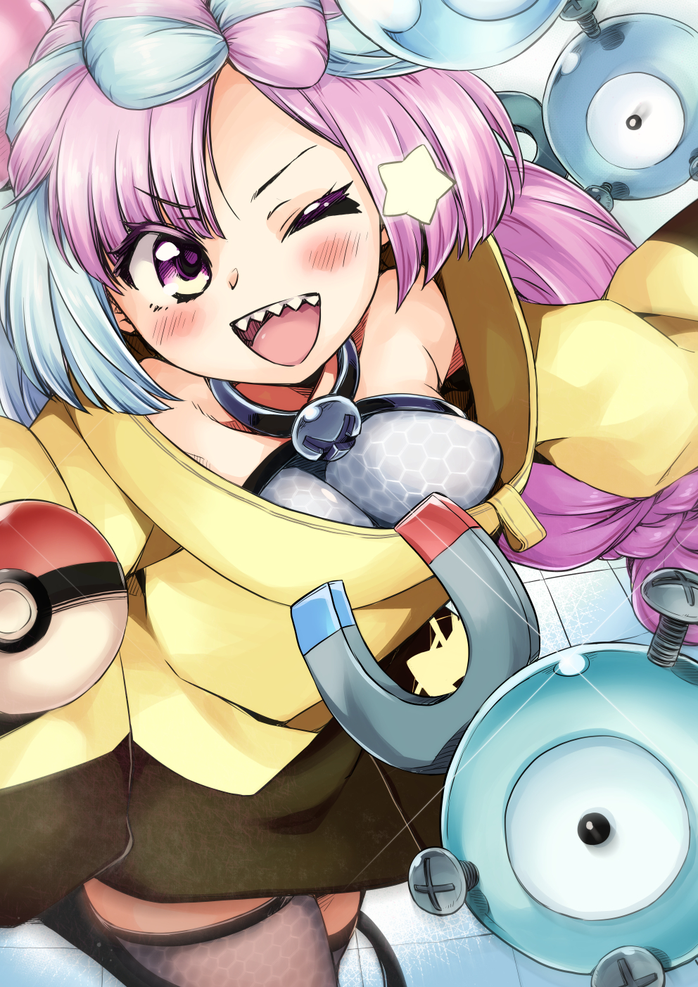 naruse yasuhiro, iono (pokemon), magnemite, nintendo, pokemon, pokemon sv, 1girl, bow-shaped hair, character hair ornament, gen 1 pokemon, hair ornament, hexagon print, jacket, multicolored hair, pink hair, pokemon (creature), sharp teeth, teeth, two-tone hair, yellow jacket