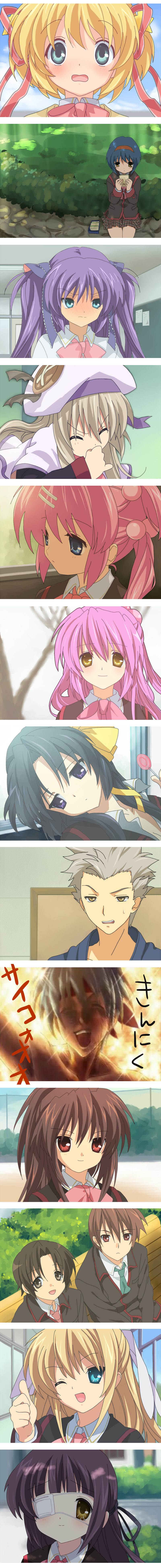 sacraneco, futaki kanata, inohara masato, kamikita komari, koshiki miyuki, kurugaya yuiko, miyazawa kengo, naoe riki, natsume kyousuke, natsume rin, nishizono mio, noumi kudryavka, saigusa haruka, sasasegawa sasami, tokido saya, clannad, key (company), little busters!, absurdres, bad id, bad pixiv id, highres, long image, tall image, 4boys, 6+girls, company connection, everyone, eyepatch, multiple boys, multiple girls, parody