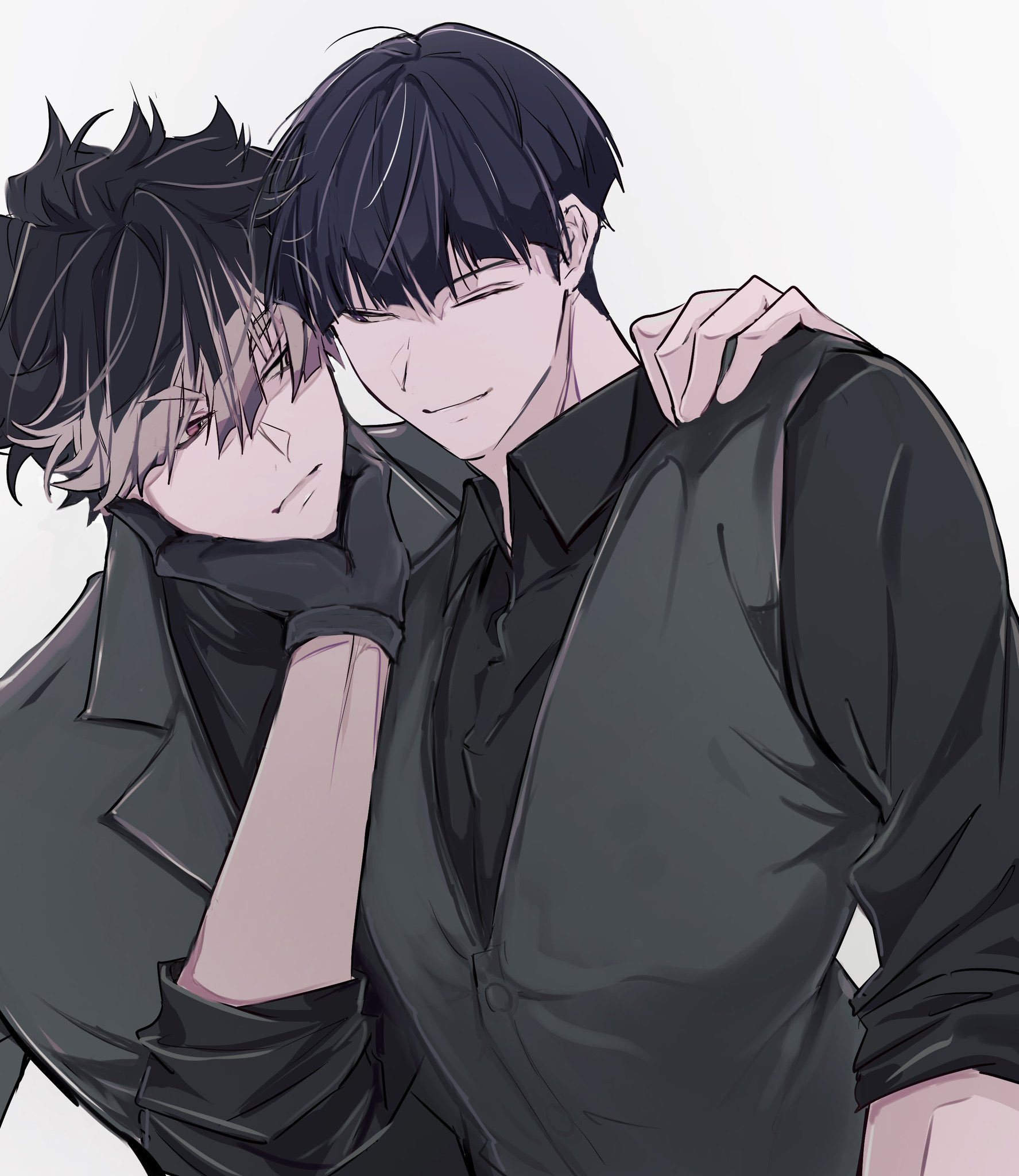 hoshina soshiro, narumi gen, kaijuu no. 8, commentary request, highres, 2boys, :|, black gloves, black hair, black shirt, closed mouth, collared shirt, eye contact, gloves, grey hair, grey jacket, grey vest, hand on another's face, hand on another's shoulder, jacket, krosnyan, lapels, looking at another, looking to the side, male focus, messy hair, multiple boys, one eye closed, open clothes, open collar, open jacket, parted hair, shirt, short hair, sideways glance, sleeves rolled up, smile, suit jacket, upper body, vest, white background, wing collar