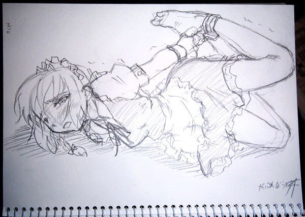 chiriakuta, yaburebouki akuta, izayoi sakuya, touhou, traditional media, 1girl, bdsm, bondage, bound, cuffs, feet, female focus, greyscale, hogtie, maid, monochrome, no shoes, pantyhose, sketch, soles, solo, toe scrunch, toes