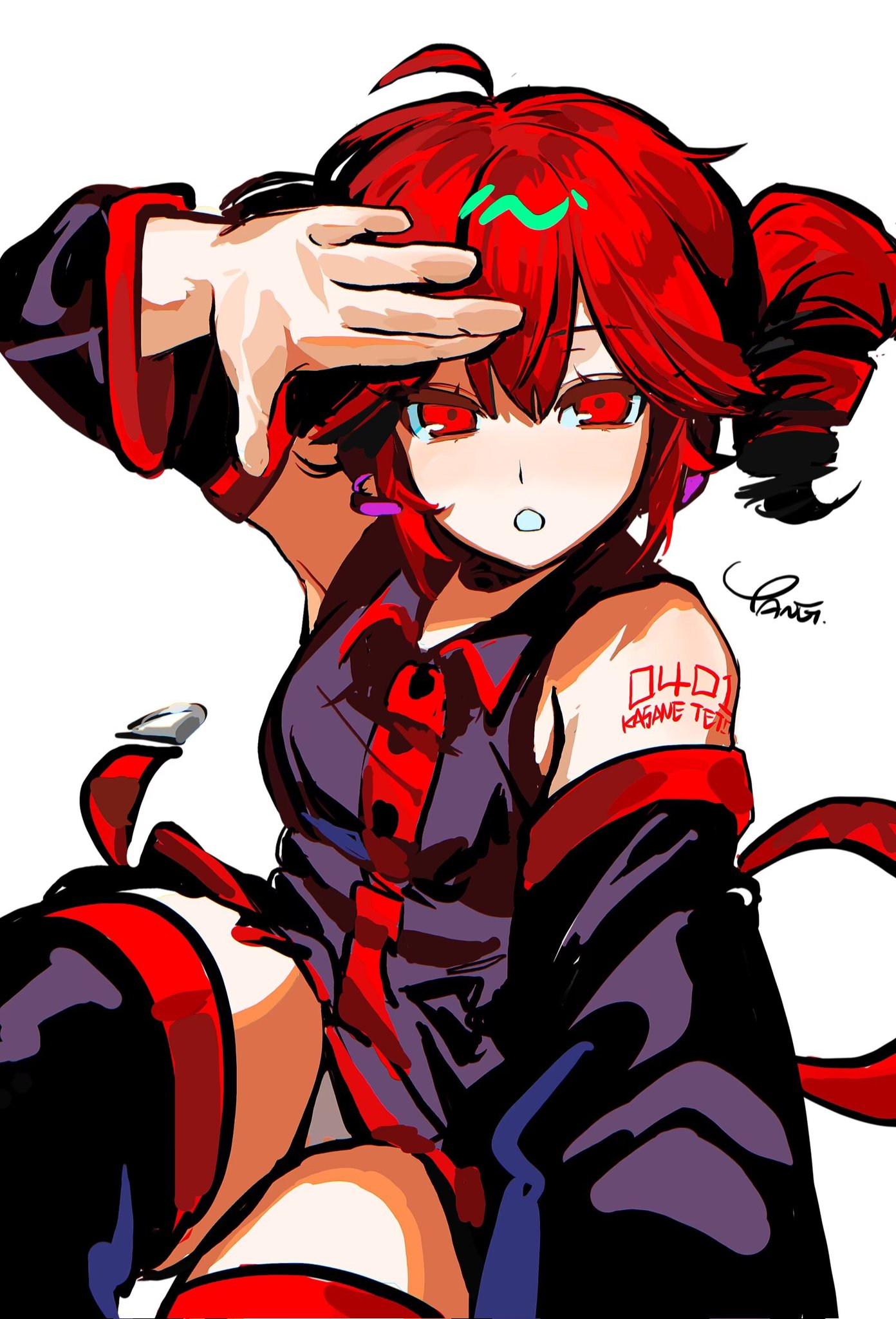 tanglaoban1225, kasane teto, kasane teto (utau), utau, highres, 1girl, ahoge, belt, black shirt, black skirt, black thighhighs, breasts, buttons, character name, collared shirt, cowboy shot, detached sleeves, drill hair, hair between eyes, hand on own forehead, headset, looking at viewer, medium breasts, miniskirt, number tattoo, open mouth, panties, pantyshot, pleated skirt, red belt, red eyes, red hair, shirt, short hair, signature, simple background, skirt, sleeveless, solo, tattoo, thighhighs, thighs, twin drills, underwear, white background, white panties