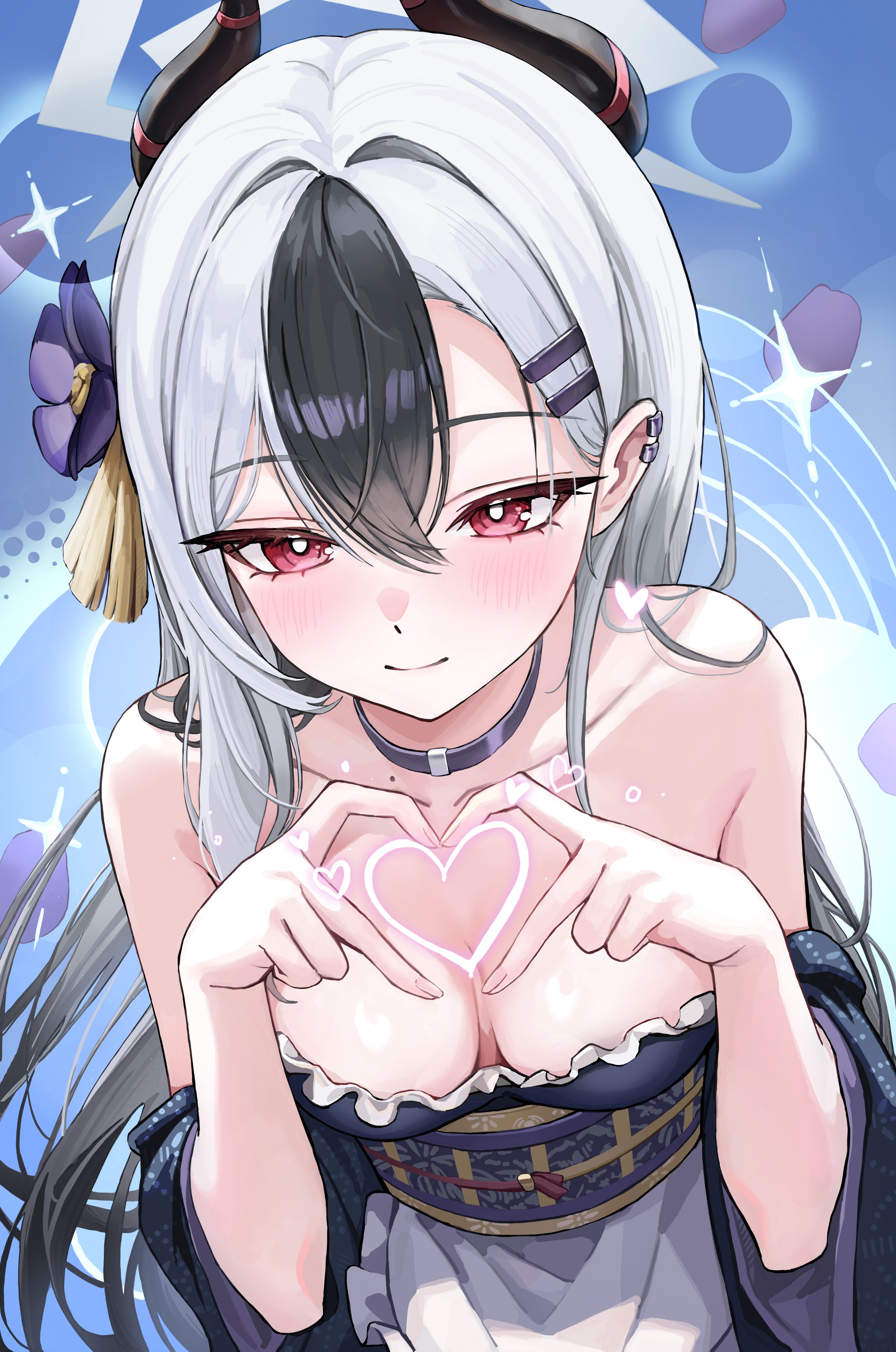 kayoko (blue archive), blue archive, absurdres, commentary, highres, 1girl, alternate costume, apron, bare shoulders, black hair, black horns, blush, breasts, breasts apart, closed mouth, collarbone, fingernails, flower, four-finger heart hands, frilled apron, frills, hair between eyes, hair flower, hair ornament, hands up, heart, heart hands, horns, leaning forward, long hair, looking at viewer, medium breasts, mii ee2, multicolored hair, purple flower, red eyes, smile, solo, very long hair, white apron, white hair