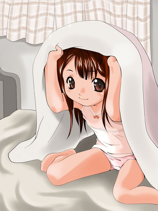 1girl, bed, blanket, brown eyes, brown hair, child, curtains, female focus, hiding, lingerie, panties, smile, solo, under covers, underwear