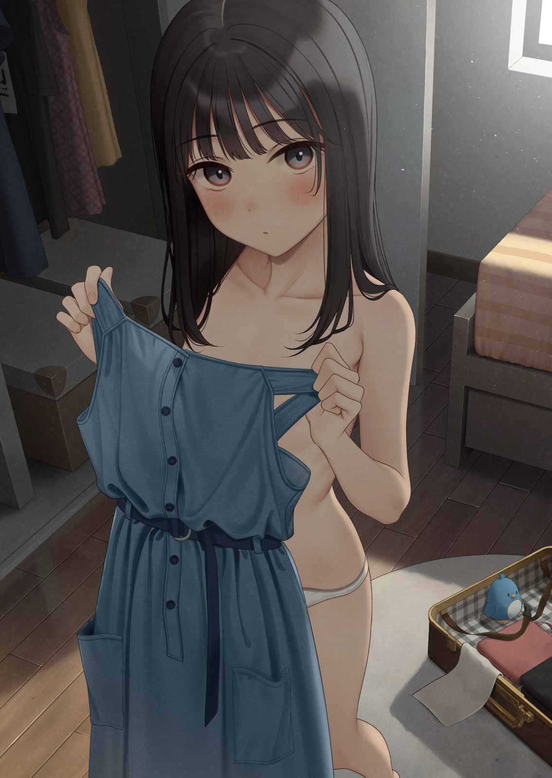 yukiyama momo, original, commentary request, highres, 1girl, black eyes, black hair, blue dress, blush, breasts, closed mouth, closet, collarbone, dress, holding, holding unworn clothes, holding unworn dress, indoors, panties, small breasts, solo, standing, stuffed animal, stuffed bird, stuffed toy, topless female, underwear, underwear only, unworn dress, white panties