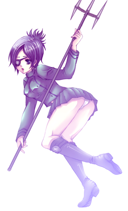 chrome dokuro, katekyo hitman reborn!, 00s, 1girl, boots, eyepatch, female focus, full body, panties, pantyshot, short hair, simple background, skirt, solo, staff, underwear, white background