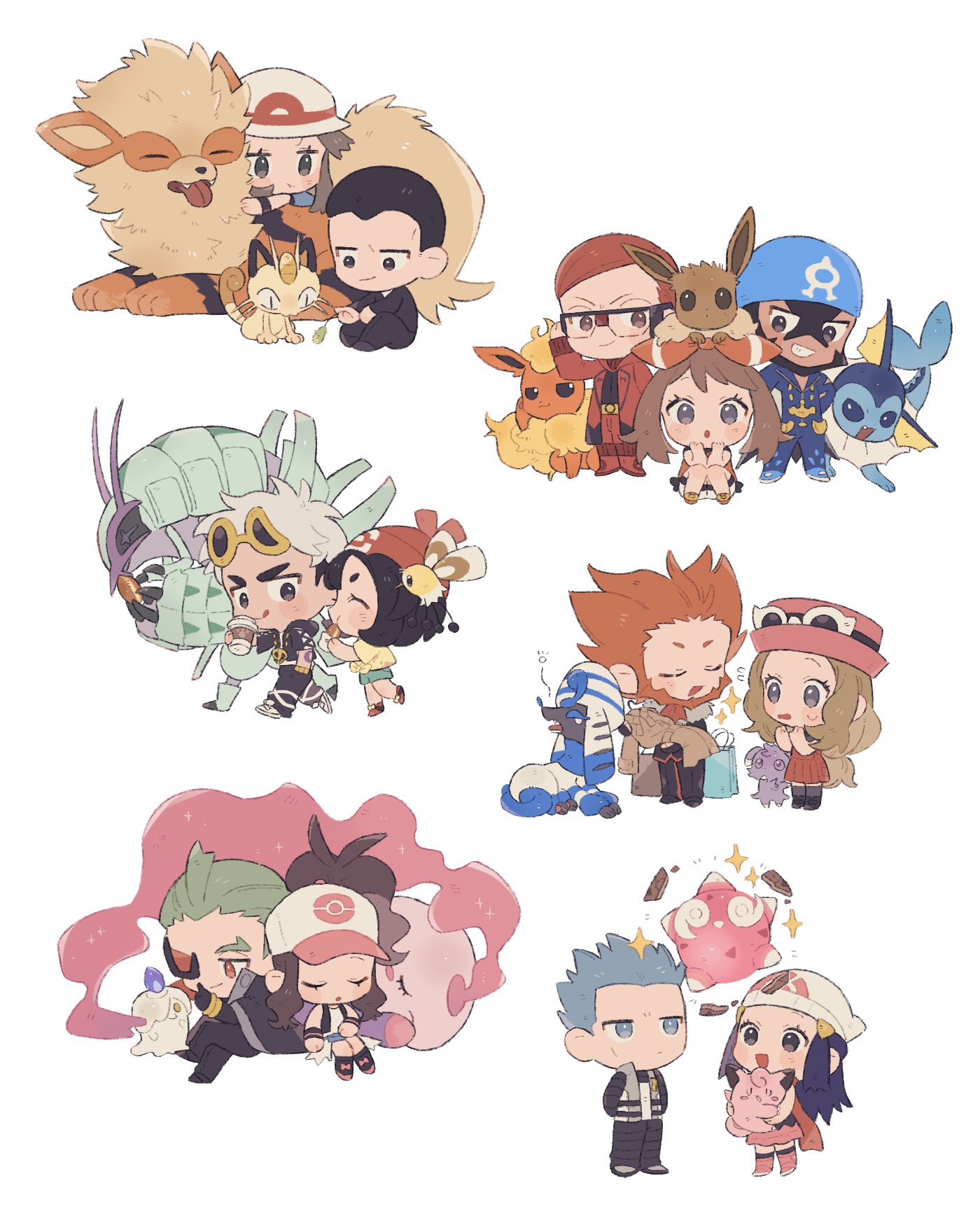 hime (himetya105), archie (pokemon), cyrus (pokemon), dawn (pokemon), ghetsis (pokemon), giovanni (pokemon), hilda (pokemon), leaf (pokemon), lysandre (pokemon), maxie (pokemon), may (pokemon), selene (pokemon), serena (pokemon), nintendo, pokemon, highres, pokemon (creature), white background