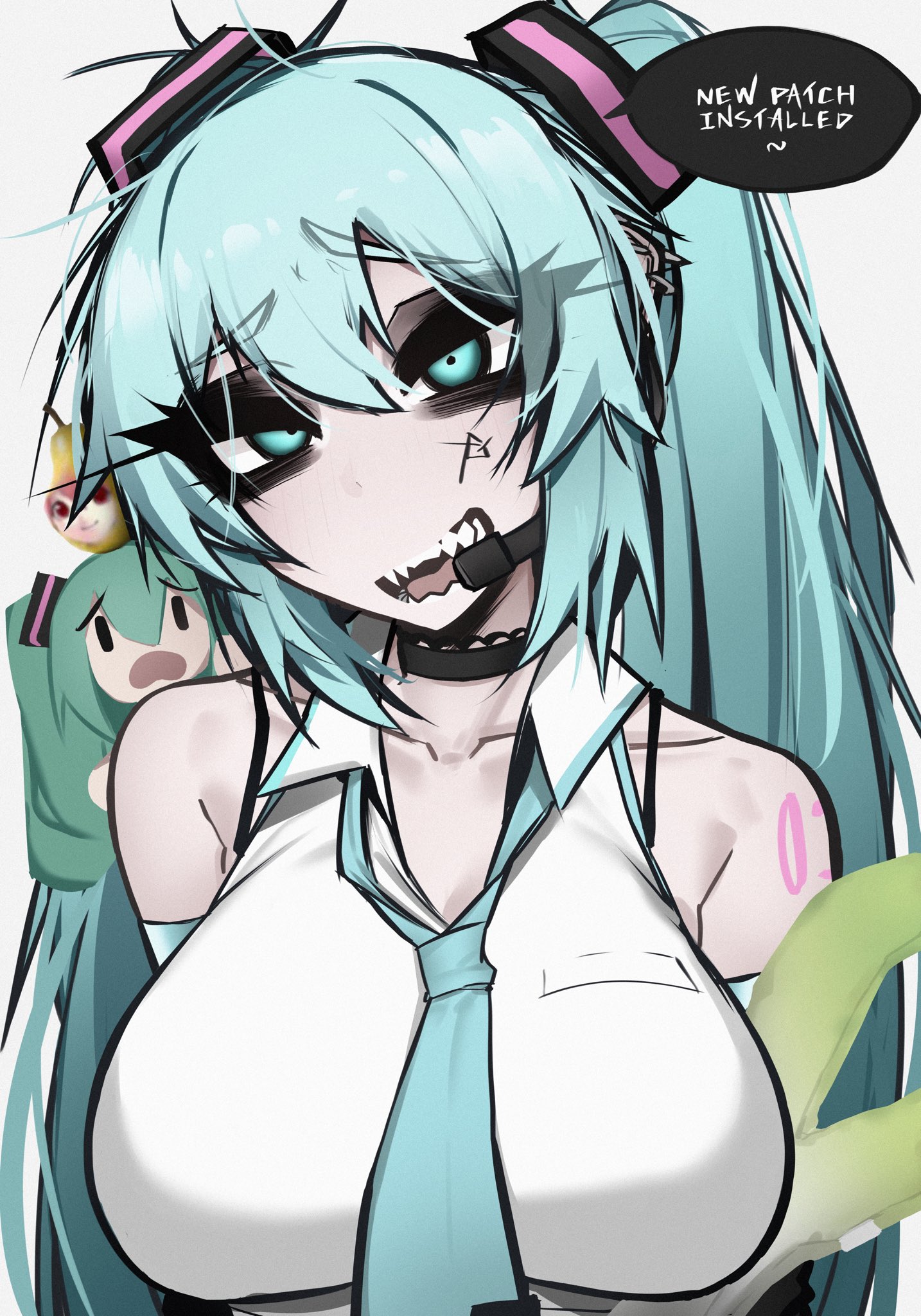 ace glitch, hatsune miku, pearto, vocaloid, commentary, english commentary, highres, 1girl, alternate breast size (larger), bare shoulders, black choker, blue eyes, blue hair, blue necktie, breasts, character doll, choker, collared shirt, doll, double-parted bangs, english text, hair between eyes, headset, large breasts, long hair, looking at viewer, necktie, number tattoo, open mouth, sharp teeth, shirt, shoulder tattoo, simple background, sleeveless, sleeveless shirt, solo, speech bubble, talking, tattoo, teeth, thick eyelashes, twintails, upper body, white background, white shirt