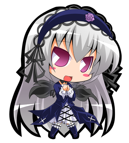 suntail, suigintou, rozen maiden, silver hair, lowres, 00s, chibi, dress, hairband, pac-man eyes, purple eyes, solo, wings