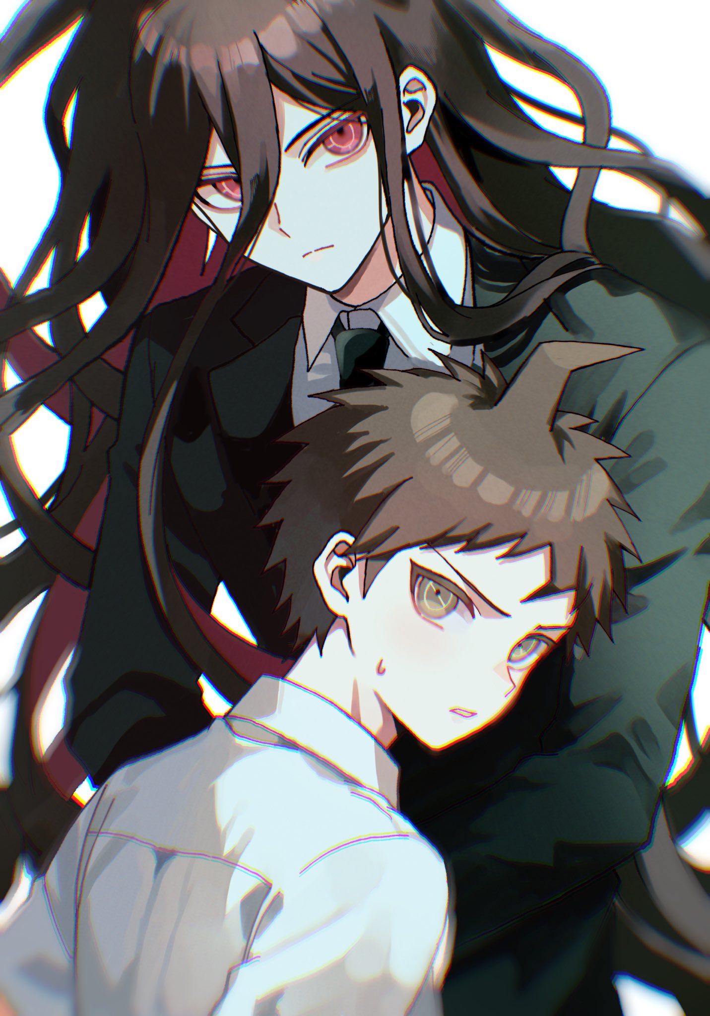 hakumai (mgmg okomee), hinata hajime, kamukura izuru, danganronpa (series), danganronpa 2: goodbye despair, commentary, highres, 2boys, ahoge, black hair, black jacket, black necktie, brown hair, closed mouth, collared shirt, frown, green eyes, jacket, long hair, long sleeves, looking at viewer, looking to the side, male focus, multiple boys, necktie, red eyes, shirt, short hair, sideways glance, suit jacket, very long hair, white background, white shirt, wing collar