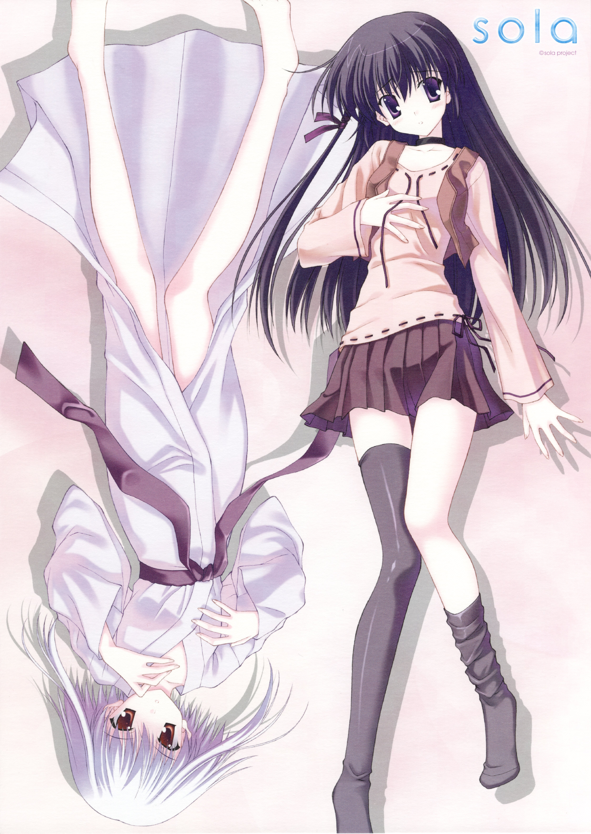 nanao naru, morimiya aono, shihou matsuri, sola, absurdres, highres, 00s, 2girls, barefoot, blush, dakimakura (medium), japanese clothes, kimono, long legs, multiple girls, socks, thighhighs, zettai ryouiki