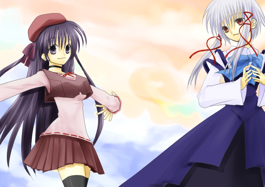 yuki (snowybugloss), morimiya aono, shihou matsuri, sola, bad id, bad pixiv id, 00s, 2girls, beret, black eyes, black hair, black thighhighs, bow, choker, cloud, crop top, dress, hair ribbon, hat, long hair, multiple girls, outstretched arms, red eyes, ribbon, skirt, sky, smile, spread arms, thighhighs, very long hair, white hair, zettai ryouiki