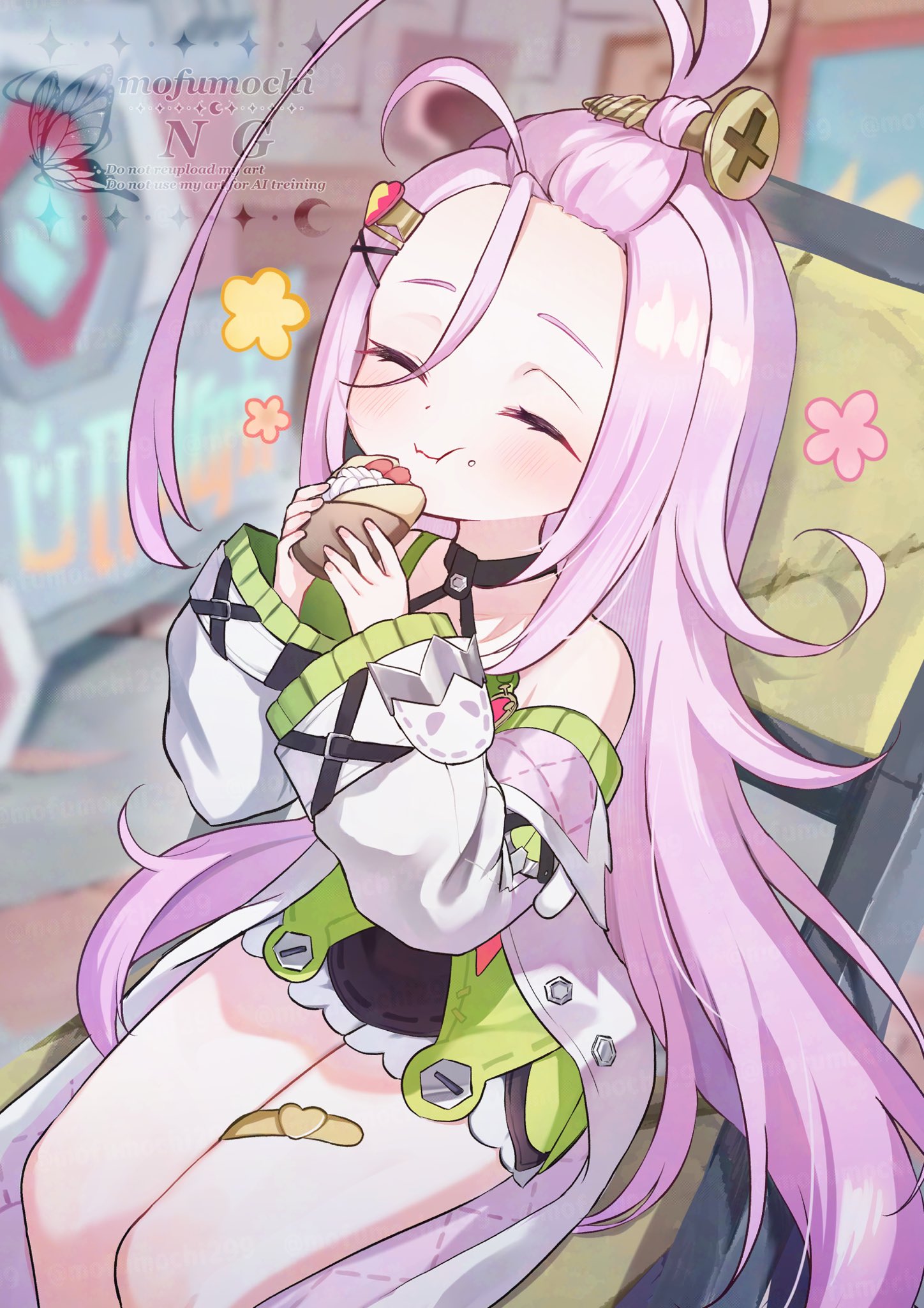 ayatsuki hina, aino (genshin impact), genshin impact, commentary request, highres, 1girl, ahoge, bare shoulders, blush, chair, closed eyes, closed mouth, dress, eating, food, green dress, hands up, holding, holding food, huge ahoge, long hair, long sleeves, pink hair, sitting, solo, two-tone dress, very long hair, white dress