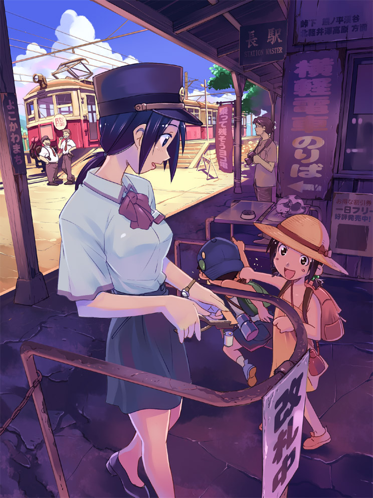 vania600, original, uniform, bad id, bad pixiv id, 2girls, 4boys, burner600, cloud, day, hat, landscape, laughing man (gits), multiple boys, multiple girls, ponytail, shako cap, sign, sky, slice of life, smile, socks, train attendant, train station, travel attendant, watch, wristwatch