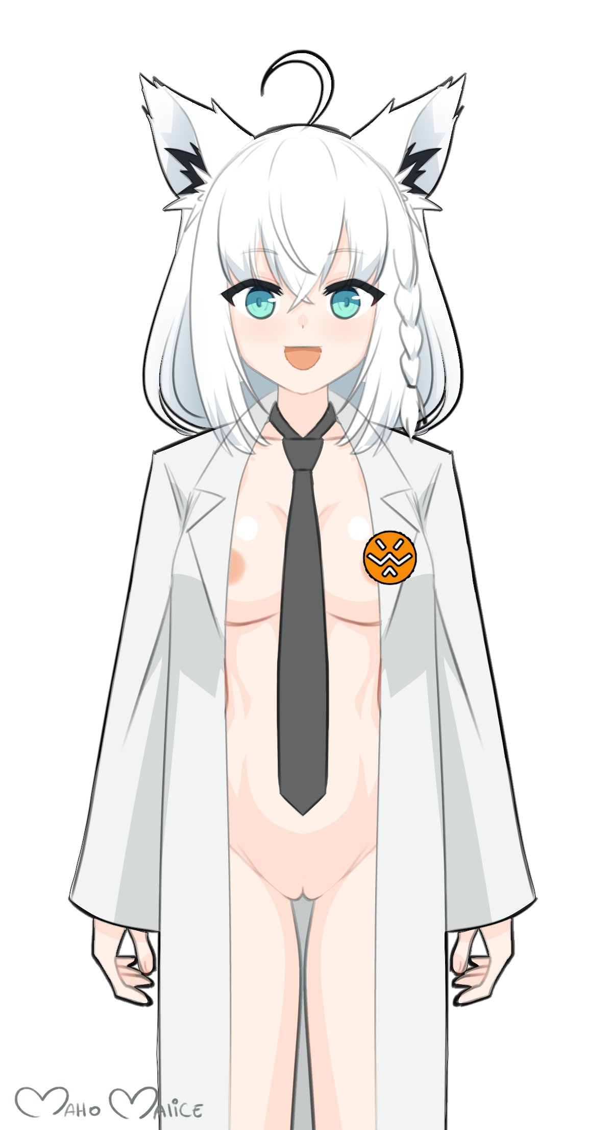 maho malice, shirakami fubuki, shirakami fubuki (1st costume), hololive, highres, :d, ahoge, animal ears, areola slip, artist name, black necktie, blue eyes, braid, breasts, coat, collarbone, cowboy shot, double-parted bangs, fox ears, groin, hair between eyes, happy, lab coat, light blush, looking at viewer, medium breasts, naked coat, necktie, open mouth, pussy, sidelocks, simple background, single braid, smile, standing, straight-on, virtual youtuber, white background, white coat, white hair