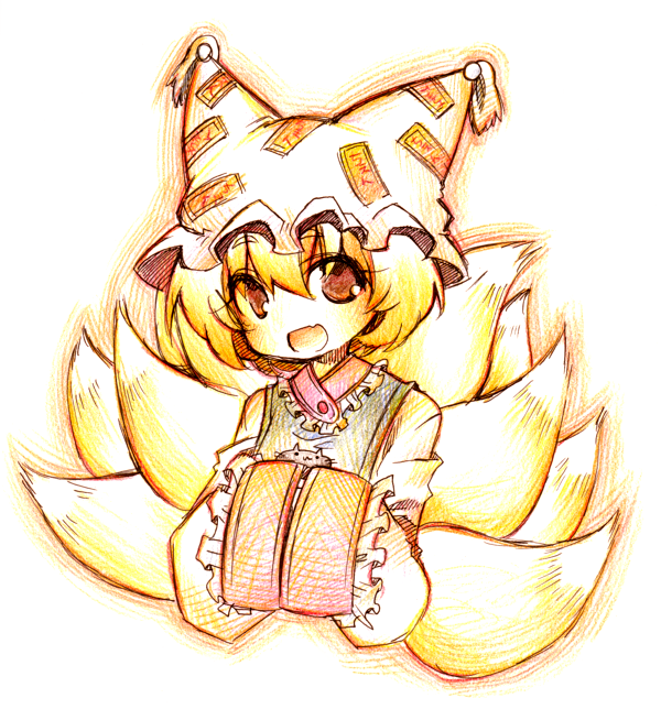 kiri futoshi, yakumo ran, touhou, bad id, bad pixiv id, colored pencil (medium), traditional media, 1girl, animal hat, blonde hair, fang, female focus, fox tail, hands in opposite sleeves, hat, long sleeves, mob cap, multiple tails, open mouth, short hair, solo, tail, tassel, white background, wide sleeves