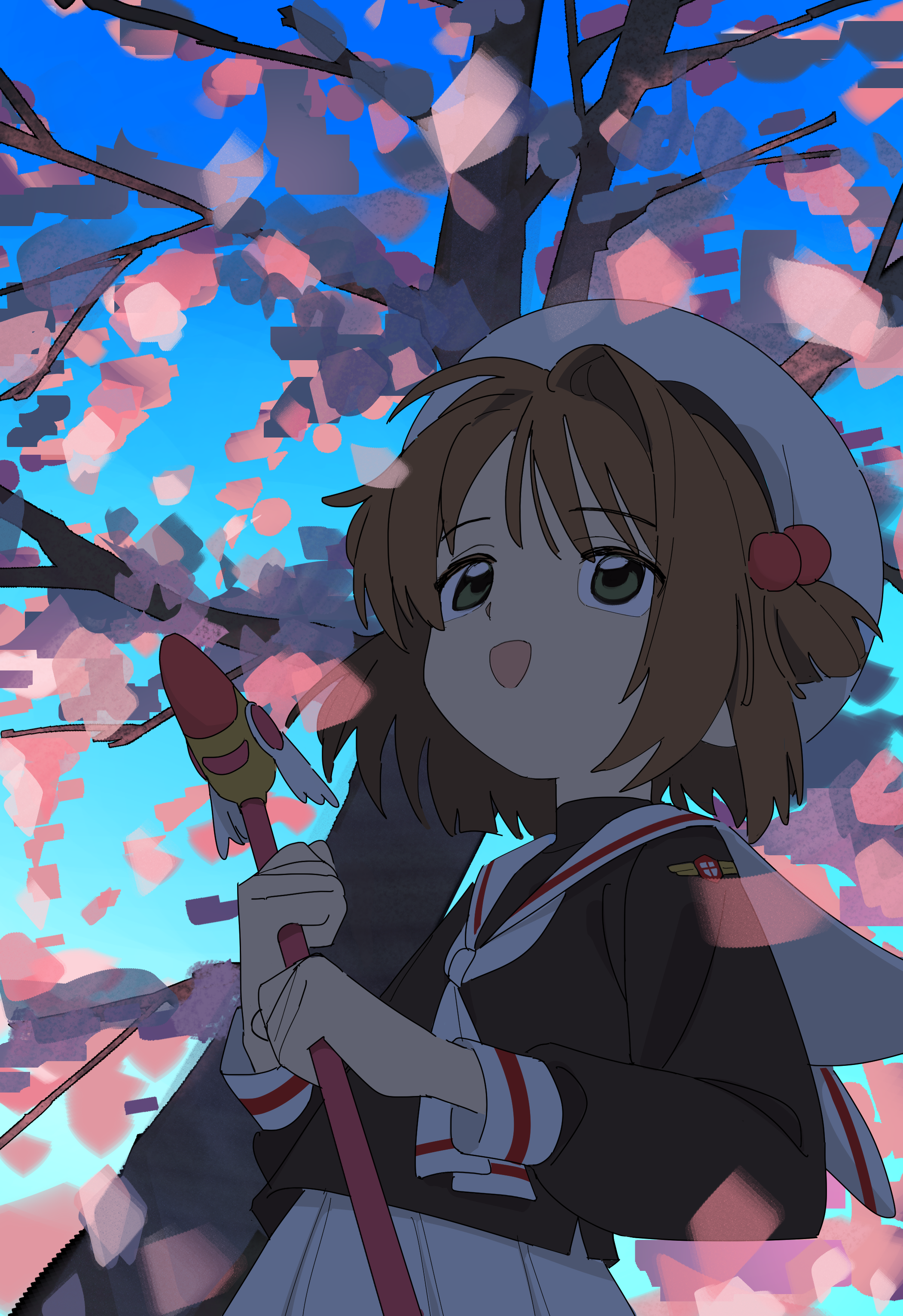 ri-el, kinomoto sakura, cardcaptor sakura, absurdres, commentary request, highres, 1girl, :d, beret, black jacket, black shirt, brown hair, cherry blossoms, fuuin no tsue, green eyes, hair bobbles, hair intakes, hair ornament, hat, holding, holding wand, jacket, medium hair, neckerchief, open mouth, pleated skirt, sailor collar, school uniform, serafuku, shirt, skirt, smile, solo, tomoeda elementary school uniform, turtleneck, turtleneck shirt, two side up, wand, white hat, white neckerchief, white sailor collar, white skirt