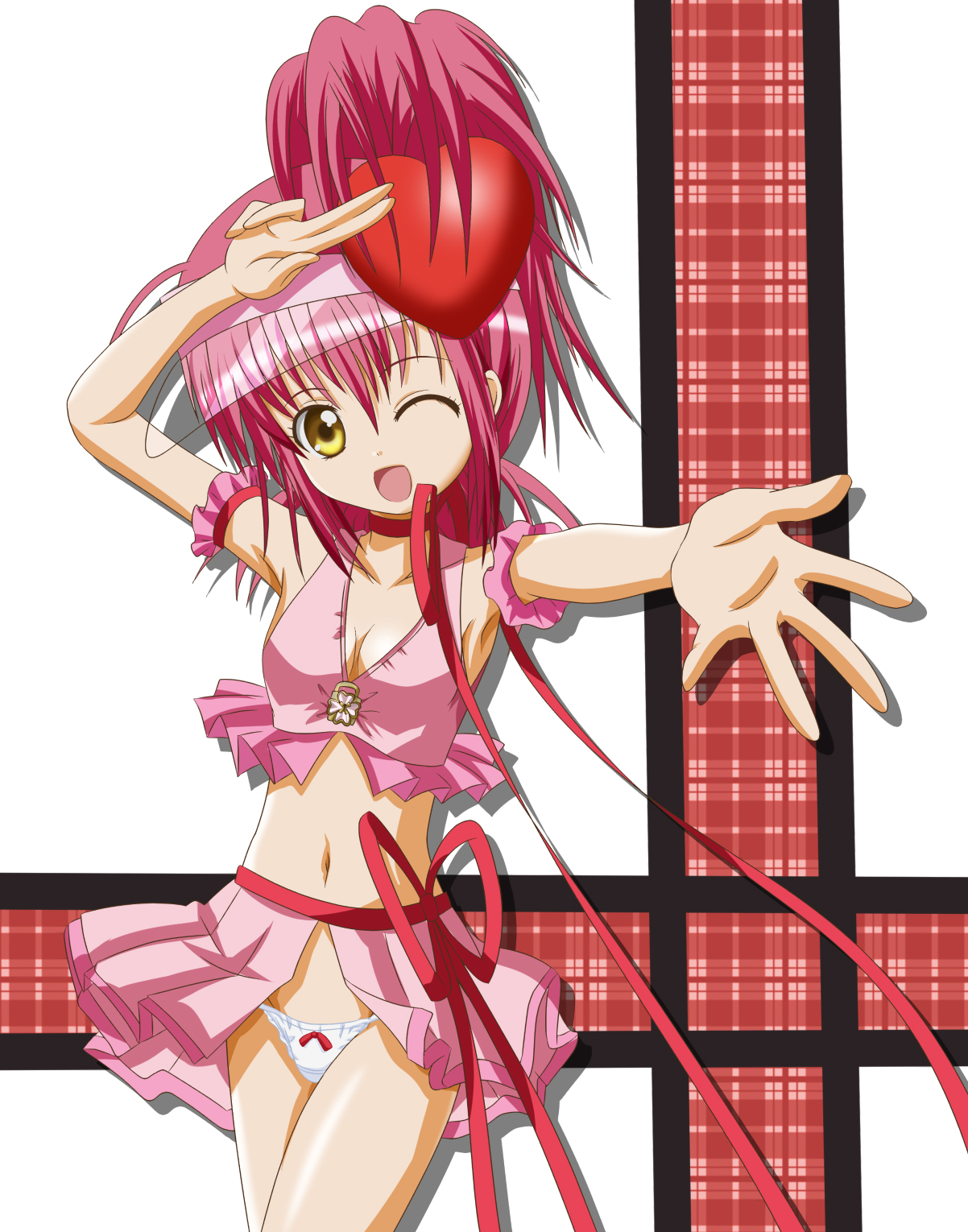 takumi (rozen garten), amulet heart, hinamori amu, shugo chara!, visor, highres, 1girl, armband, breasts, cheerleader, cleavage, female focus, magical girl, midriff, miniskirt, navel, one eye closed, panties, pantyshot, pink hair, ribbon, skirt, smile, solo, underwear, visor cap, wink, yellow eyes