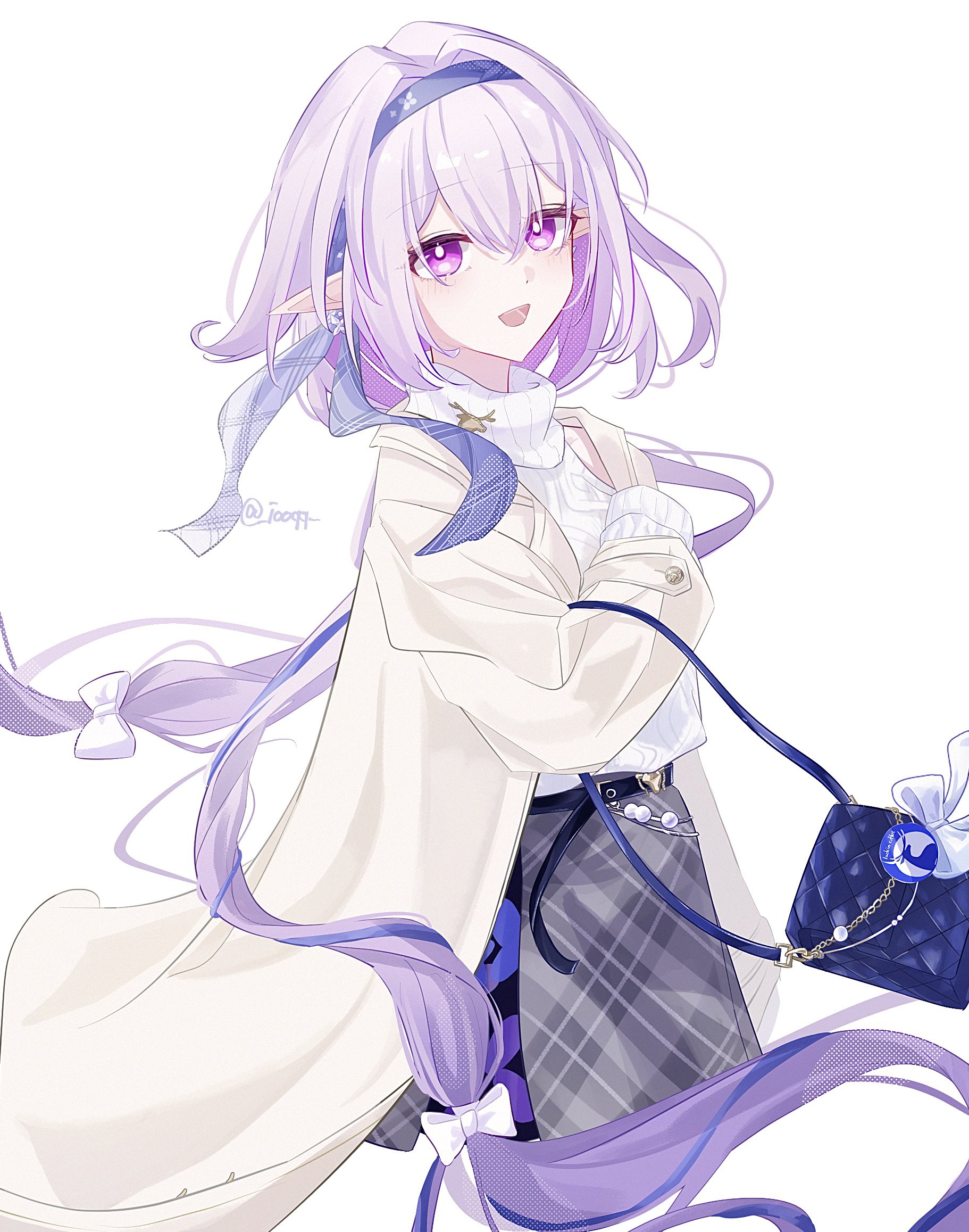 iooqq, castorice (honkai: star rail), castorice (luckin coffee) (honkai: star rail), honkai: star rail, honkai (series), highres, 1girl, :d, animal print, bag, belt, black belt, blue ribbon, bow, butterfly print, coat, earrings, grey skirt, hair between eyes, handbag, jewelry, light blush, long hair, looking at viewer, official alternate costume, open mouth, pointy ears, purple eyes, purple hair, ribbon, skirt, smile, turtleneck, twitter username, very long hair, white background, white bow
