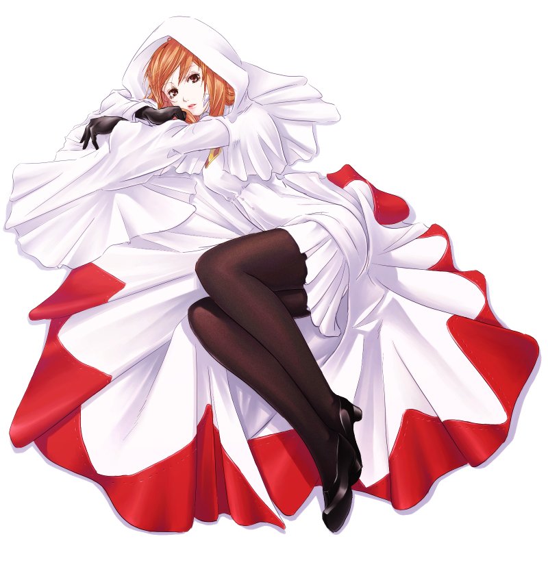 mr.romance, refia, white mage (final fantasy), final fantasy, final fantasy iii, square enix, source request, 1990s (style), 1girl, brown eyes, female focus, gloves, high heels, legs, lips, lying, orange hair, pantyhose, retro artstyle, robe, shoes, solo
