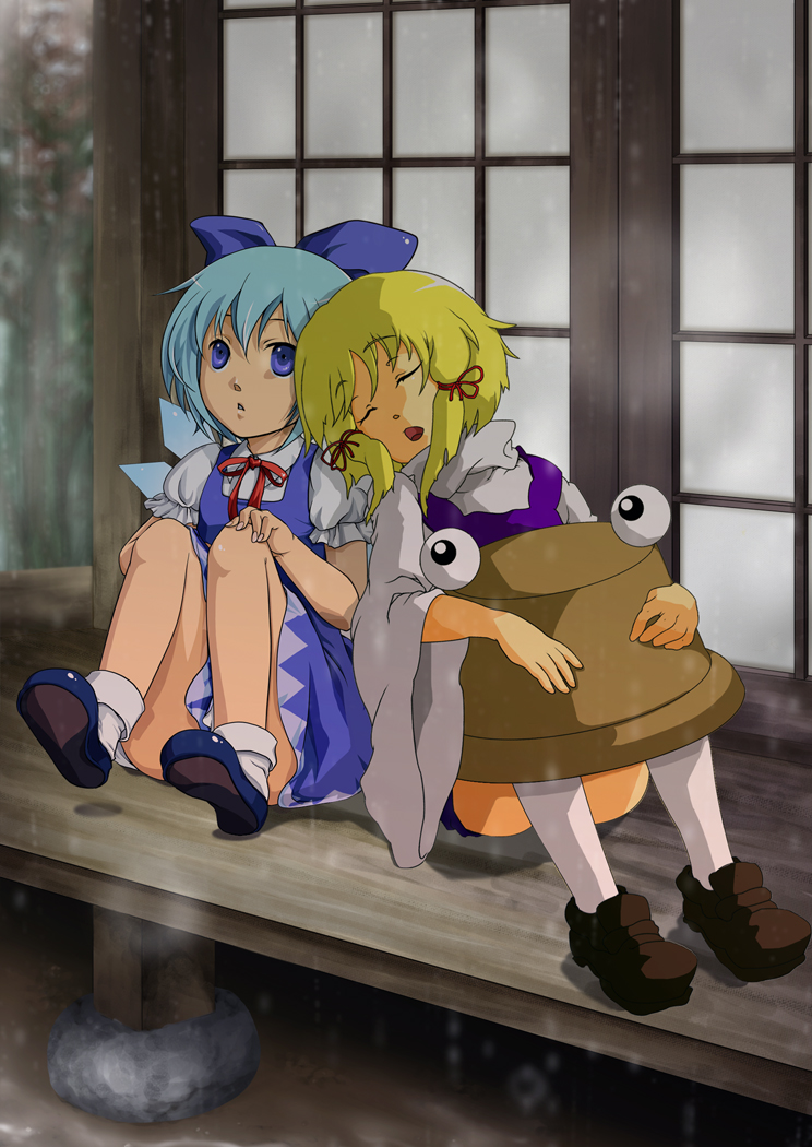 isan, cirno, moriya suwako, touhou, bad id, bad pixiv id, 2girls, blonde hair, blue hair, female focus, hat, multiple girls, ribbon, sleeping