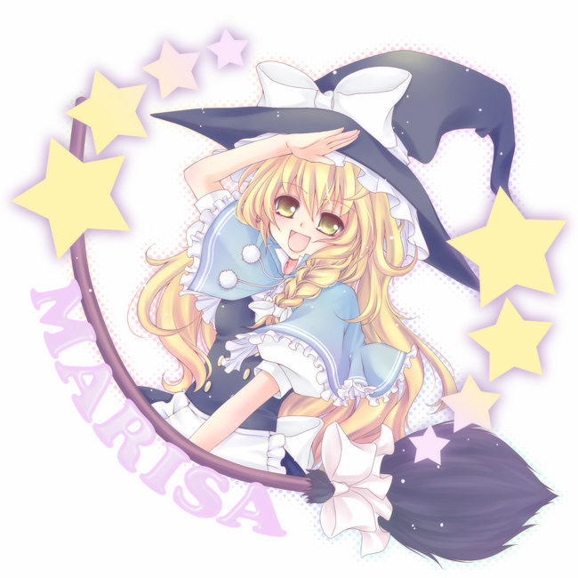 mikazuki sara, kirisame marisa, touhou, 1girl, blonde hair, braid, broom, female focus, green eyes, hat, long hair, solo, white background, witch, witch hat