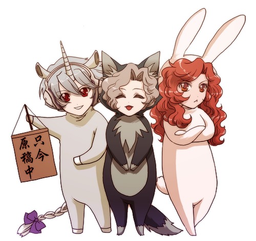 jonah matsuka, soldier blue, tony, tony (toward the terra), toward the terra, lowres, 3boys, animal ears, chibi, cosplay, male focus, multiple boys
