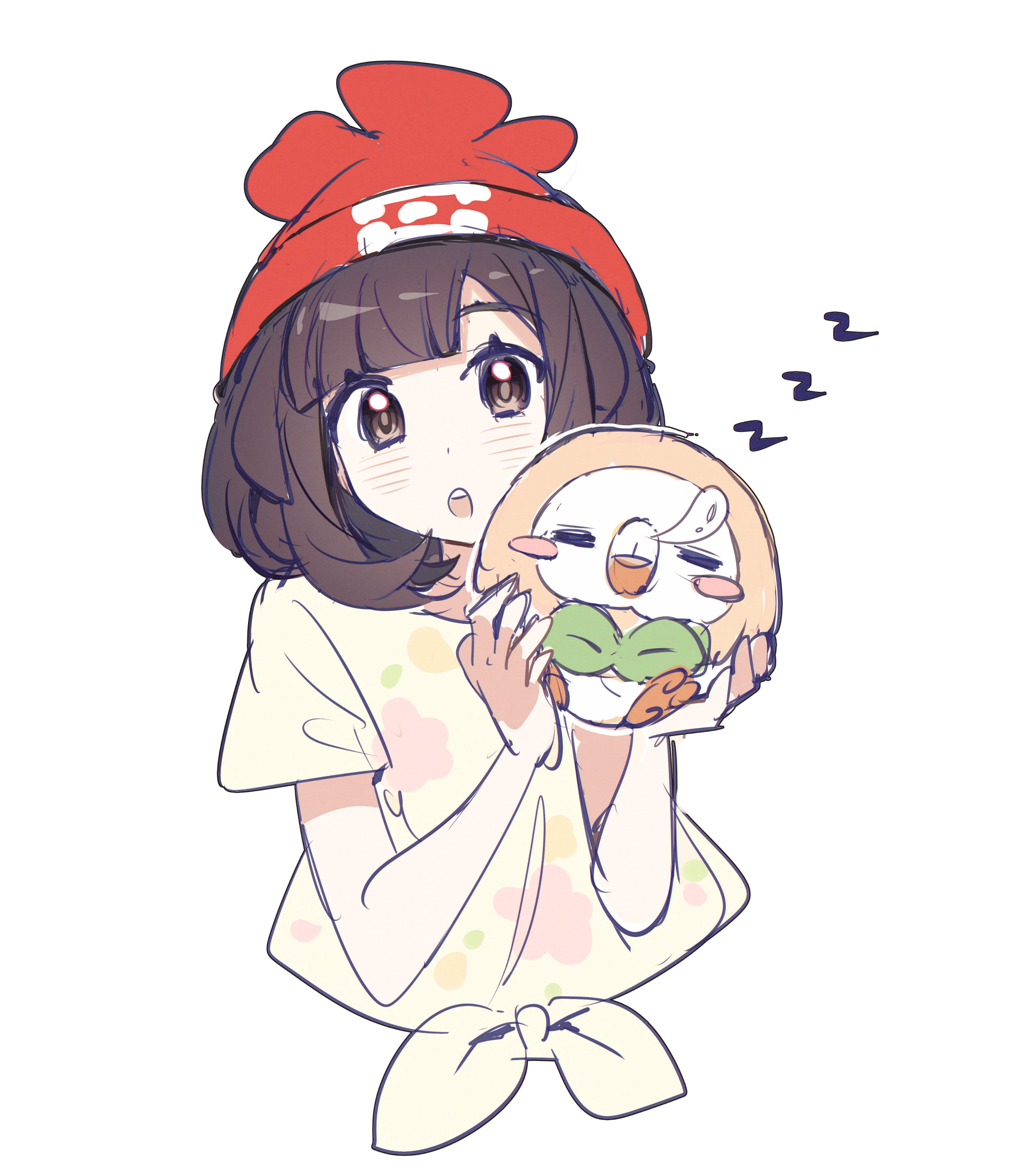 pkm lemon, rowlet, selene (pokemon), nintendo, pokemon, pokemon sm, absurdres, highres, 1girl, beanie, bird, black hair, blush, brown eyes, bubble, closed eyes, floral print, gen 7 pokemon, hat, holding, holding pokemon, looking at viewer, nose bubble, open mouth, owl, pokemon (creature), red hat, shirt, short hair, short sleeves, simple background, sleeping, tied shirt, upper body, white background, yellow shirt, zzz