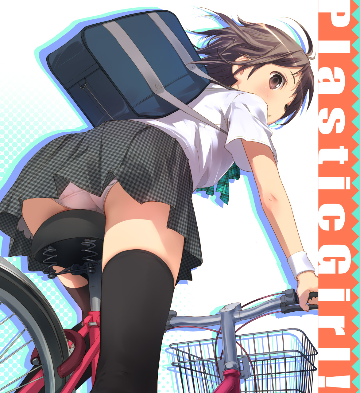 uni (plastic girl), original, highres, 1girl, ahoge, ass, bag, bicycle, bicycle basket, black thighhighs, blouse, blush, brown eyes, brown hair, female focus, from behind, from below, looking back, miniskirt, neckerchief, panties, pantyshot, parted lips, plaid clothes, plaid skirt, riding, school bag, school uniform, shirt, short hair, short sleeves, skirt, solo, thighhighs, thighs, underwear, upskirt, white panties, white shirt, wristband