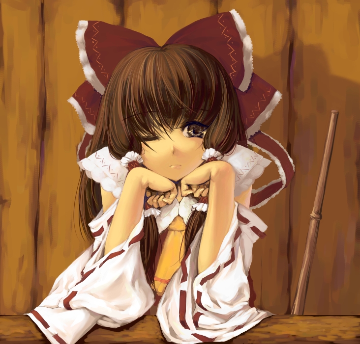 s.advent, hakurei reimu, touhou, 1girl, ascot, bored, brown eyes, brown hair, detached sleeves, female focus, head rest, japanese clothes, miko, one eye closed, solo, wink, yellow ascot