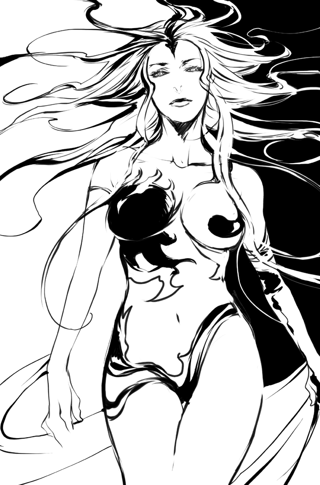 npn, cloud of darkness, dissidia final fantasy, final fantasy, final fantasy iii, bad id, bad pixiv id, 1990s (style), 1girl, closed eyes, cowboy shot, female focus, greyscale, groin, long hair, looking at viewer, midriff, monochrome, navel, retro artstyle, revealing clothes, sidelocks, solo, stomach, very long hair