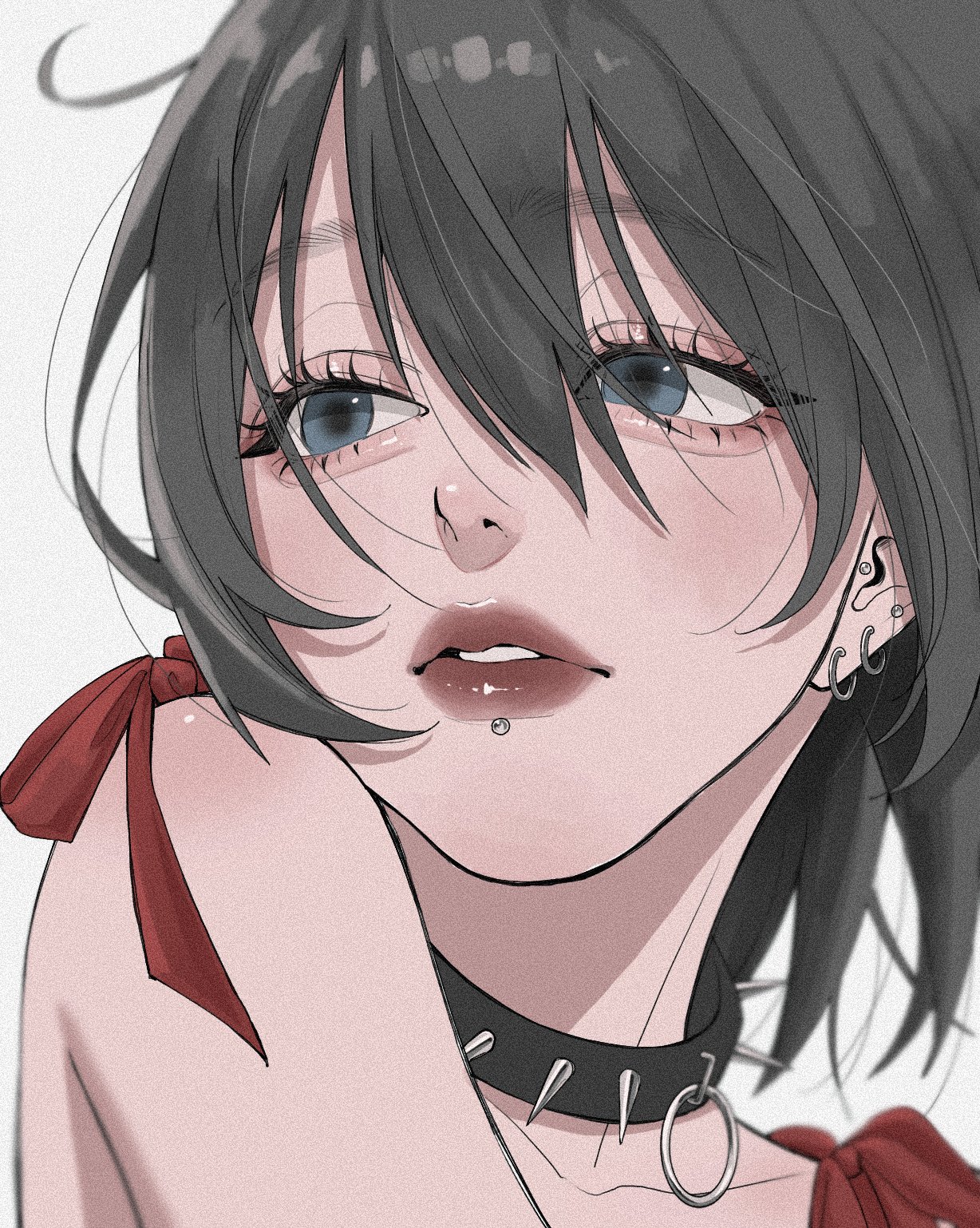 tamori (tamori www), original, highres, 1girl, aegyo sal, black choker, black hair, blue eyes, blurry, choker, close-up, depth of field, double-parted bangs, dress, ear piercing, eyelashes, face piercing, film grain, floating hair, grey background, head on own shoulder, labret piercing, looking to the side, parted lips, piercing, portrait, red dress, red lips, short hair, spiked choker, spikes, thick lips, wolf cut