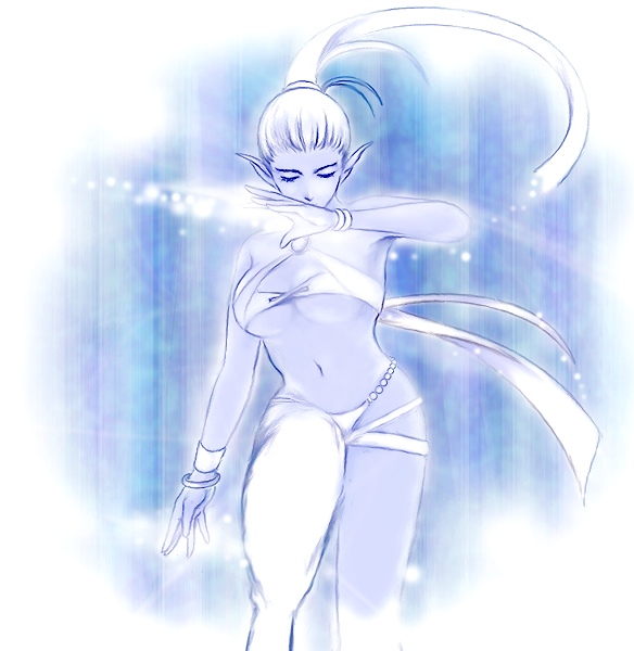 fm77 (artist), shiva (final fantasy), final fantasy, final fantasy vii, 1990s (style), 1girl, antenna hair, arm at side, asymmetrical legwear, bandeau, bare shoulders, beads, bikini, blue background, blue skin, bra, bracelet, breasts, cleavage, closed eyes, colored skin, covered mouth, fading, female focus, glowing, hair slicked back, halterneck, jewelry, large breasts, long hair, looking at viewer, navel, o-ring, o-ring top, panties, pointy ears, retro artstyle, ribbon, simple background, solo, standing, standing on one leg, stomach, swimsuit, thigh strap, thong bikini, underboob, underwear, uneven legwear, white bra, white hair, white panties, white ribbon, wristband