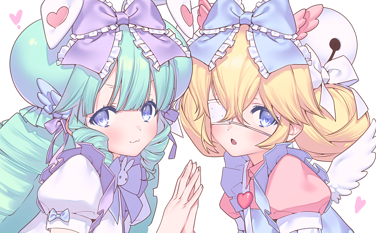 kuma 4go, original, commission, pixiv commission, 2girls, :3, angel, angel wings, animal ears, bell, blonde hair, blue eyes, blush, bow, eyelashes, eyepatch, frills, hair bow, hair bun, heart, jingle bell, multiple girls, puffy sleeves, rabbit ears, rabbit girl, white background, wings