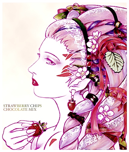 fm77 (artist), shiva (final fantasy), final fantasy, final fantasy x, bad id, bad pixiv id, lowres, 00s, 1girl, earrings, female focus, fingernails, food, food-themed earrings, fruit, gradient background, hair ornament, jewelry, leaf hair ornament, long fingernails, portrait, solo, strawberry