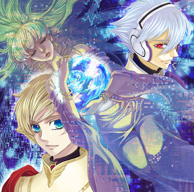 aco (pixiv157193), jyuubee, jomy marquis shin, physis, soldier blue, toward the terra, 1girl, 2boys, blonde hair, blue eyes, bracelet, closed eyes, earrings, headphones, jewelry, lipstick, makeup, multiple boys, red eyes, smile, white hair