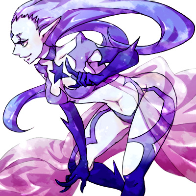 mario (gkmario), mario (pixiv54414), shiva (final fantasy), final fantasy, final fantasy xi, bad id, bad pixiv id, lowres, 00s, 1girl, breasts, female focus, from side, pointy ears, see-through clothes, simple background, solo, white background