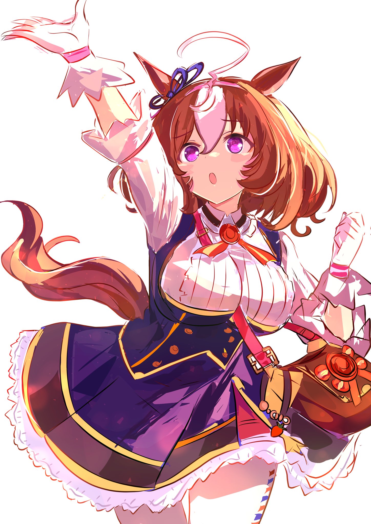 kanon (user rrhr4244), meisho doto (blue/raging) (umamusume), meisho doto (umamusume), umamusume, highres, 1girl, ahoge, animal ears, arm up, bag, between breasts, blue dress, bow, breasts, brown hair, cowboy shot, double-parted bangs, dress, ear ribbon, gloves, hair between eyes, hairband, headband, horse ears, horse girl, horse tail, large breasts, long sleeves, looking at viewer, multicolored hair, open mouth, pink hairband, pink headband, purple eyes, short hair, shoulder bag, simple background, strap between breasts, tail, two-tone hair, white background, white dress, white gloves, white hair