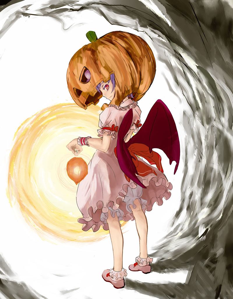 conjaku, sec (pixiv), remilia scarlet, touhou, bad id, bad pixiv id, 1girl, blue hair, female focus, full body, jack-o'-lantern, pink shoes, pumpkin, pumpkin hat, ribbon, shoes, short hair, solo, standing, wings