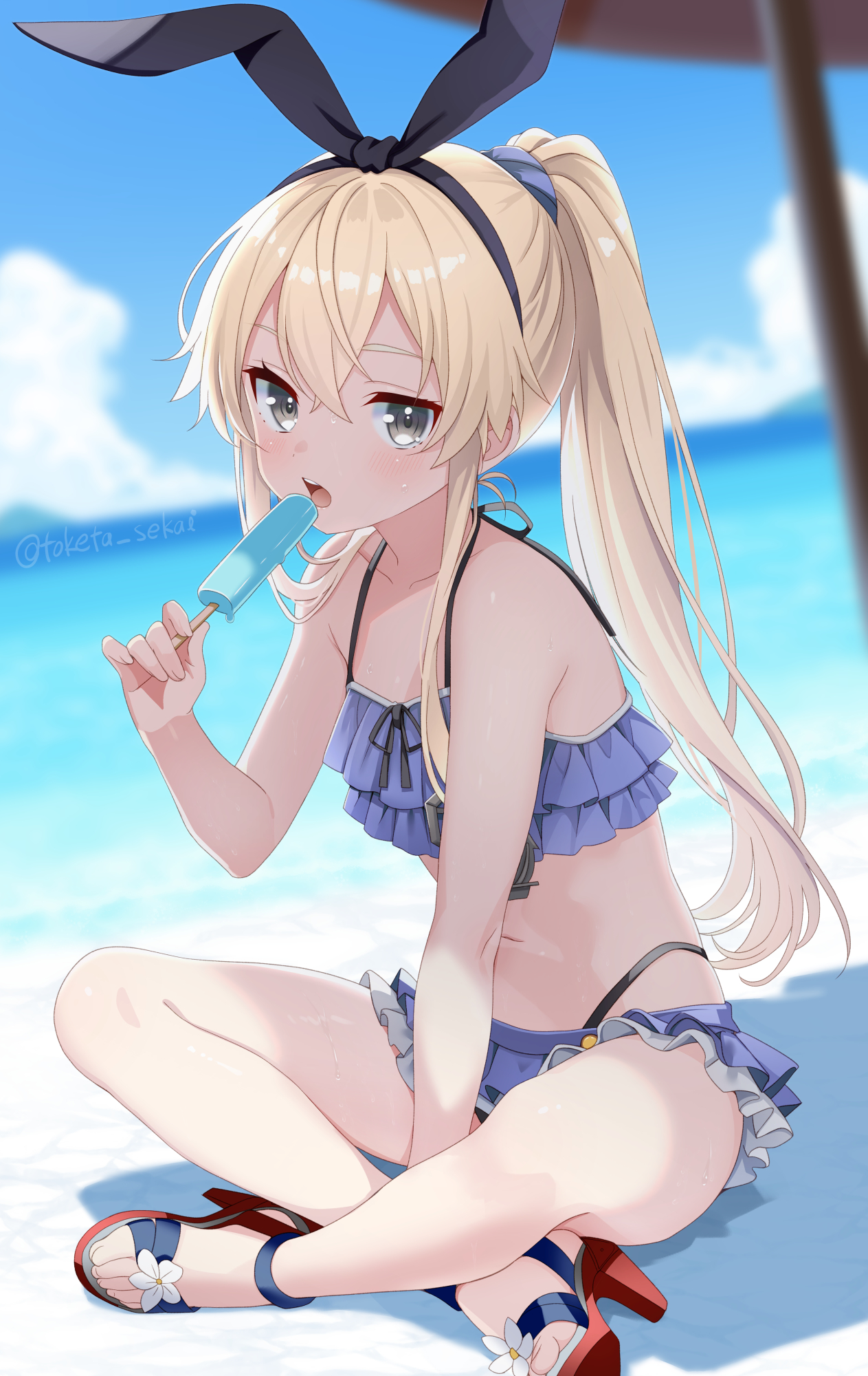 toketa-sekai, shimakaze (kancolle), kantai collection, highres, 1girl, bikini, blonde hair, food, grey eyes, holding, holding food, long hair, outdoors, ponytail, popsicle, sandals, solo, swimsuit